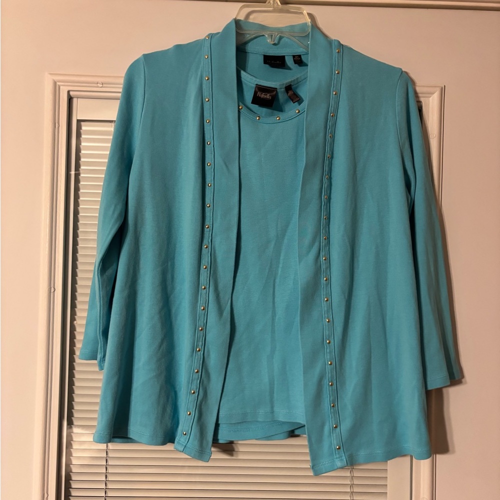 Rafaella Turquoise Cardigan and studded top  with Stud Accents